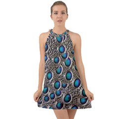 Peacock Pattern Close Up Plumage Halter Tie Back Chiffon Dress