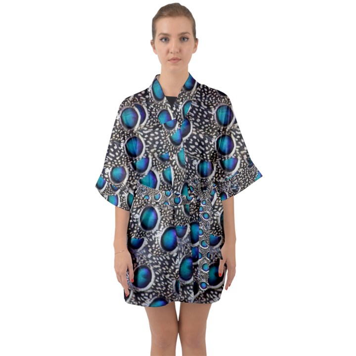 Peacock Pattern Close Up Plumage Quarter Sleeve Kimono Robe