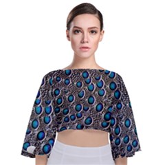 Peacock Pattern Close Up Plumage Tie Back Butterfly Sleeve Chiffon Top