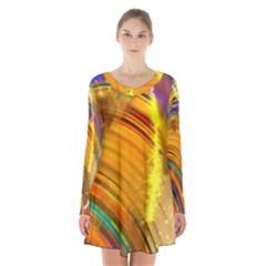 Orange Pink Sketchy Abstract Arch Long Sleeve Velvet V-neck Dress