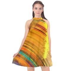 Orange Pink Sketchy Abstract Arch Halter Neckline Chiffon Dress 