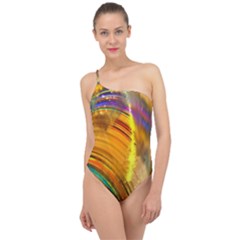 Orange Pink Sketchy Abstract Arch Classic One Shoulder Swimsuit by bloomingvinedesign