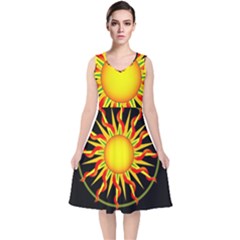 Mandala Sun Graphic Design V-neck Midi Sleeveless Dress  by Simbadda