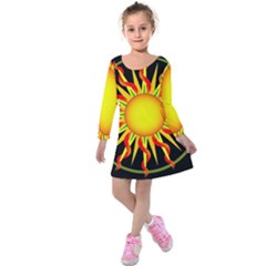 Mandala Sun Graphic Design Kids  Long Sleeve Velvet Dress by Simbadda