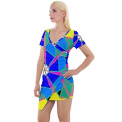 Mandala Wheel Pattern Ornament Short Sleeve Asymmetric Mini Dress