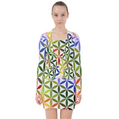 Mandala Rainbow Colorful Reiki V-neck Bodycon Long Sleeve Dress by Simbadda