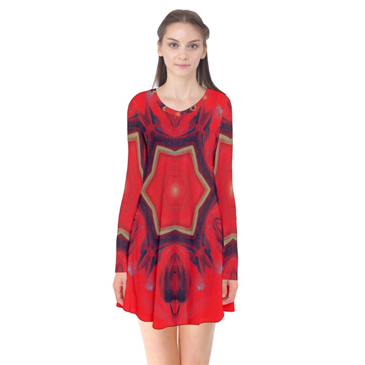 Chakra Art Heart Healing Red Long Sleeve V-neck Flare Dress