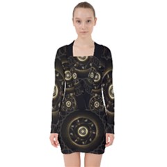 Fractal Gold Mandala Fractal Art V-neck Bodycon Long Sleeve Dress by Simbadda