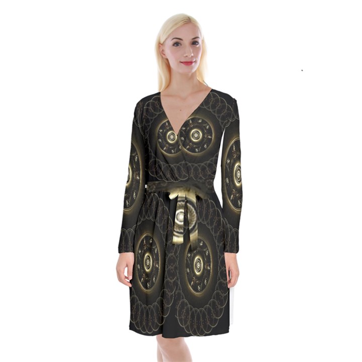 Fractal Gold Mandala Fractal Art Long Sleeve Velvet Front Wrap Dress