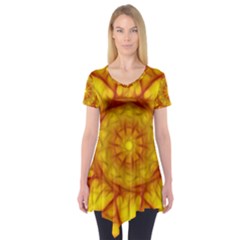 Kaleidoscope Floral Mandala Yellow Short Sleeve Tunic  by Simbadda