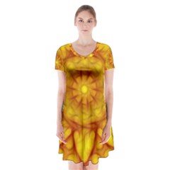 Kaleidoscope Floral Mandala Yellow Short Sleeve V-neck Flare Dress by Simbadda