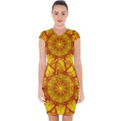 Kaleidoscope Floral Mandala Yellow Capsleeve Drawstring Dress  by Simbadda