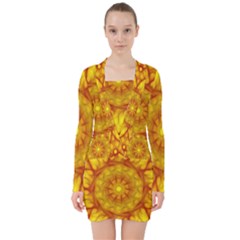 Kaleidoscope Floral Mandala Yellow V-neck Bodycon Long Sleeve Dress