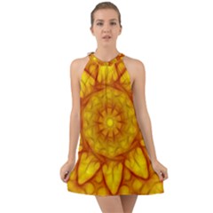 Kaleidoscope Floral Mandala Yellow Halter Tie Back Chiffon Dress