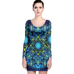 Mandala Blue Abstract Circle Long Sleeve Velvet Bodycon Dress by Simbadda