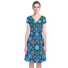 Mandala Blue Abstract Circle Short Sleeve Front Wrap Dress by Simbadda