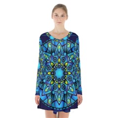 Mandala Blue Abstract Circle Long Sleeve Velvet V-neck Dress by Simbadda