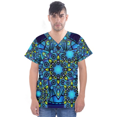 Mandala Blue Abstract Circle Men s V-neck Scrub Top by Simbadda