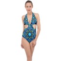 Mandala Blue Abstract Circle Halter Front Plunge Swimsuit View1