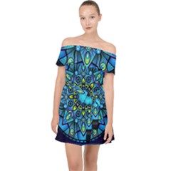 Mandala Blue Abstract Circle Off Shoulder Chiffon Dress