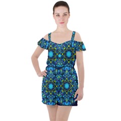 Mandala Blue Abstract Circle Ruffle Cut Out Chiffon Playsuit