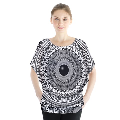 Graphic Design Round Geometric Batwing Chiffon Blouse by Simbadda