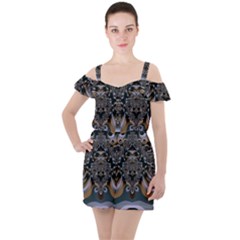 Fractal Art Artwork Design Ruffle Cut Out Chiffon Playsuit