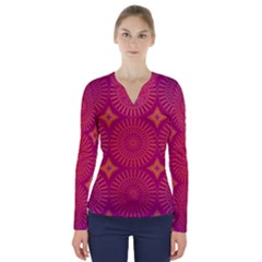 Flower Wheel Chakra Mandala Modern V-neck Long Sleeve Top by Simbadda