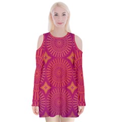 Flower Wheel Chakra Mandala Modern Velvet Long Sleeve Shoulder Cutout Dress by Simbadda