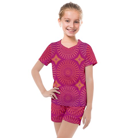 Flower Wheel Chakra Mandala Modern Kids  Mesh Tee And Shorts Set by Simbadda