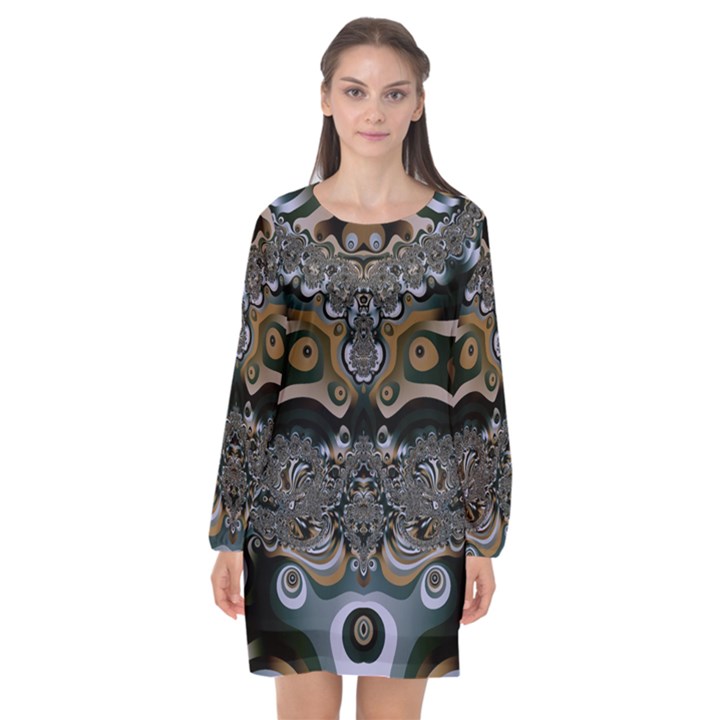 Fractal Art Artwork Design Long Sleeve Chiffon Shift Dress 