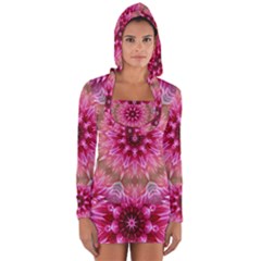 Flower Mandala Art Pink Abstract Long Sleeve Hooded T-shirt by Simbadda