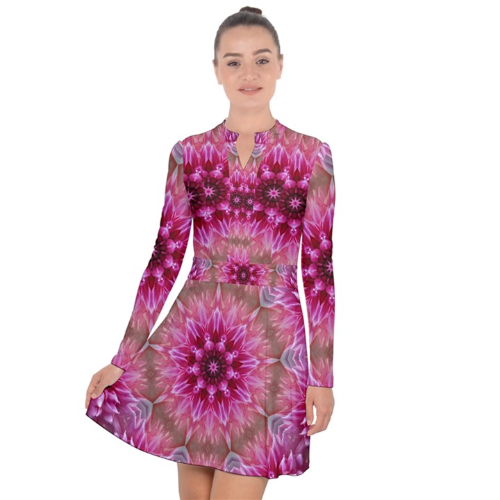 Flower Mandala Art Pink Abstract Long Sleeve Panel Dress