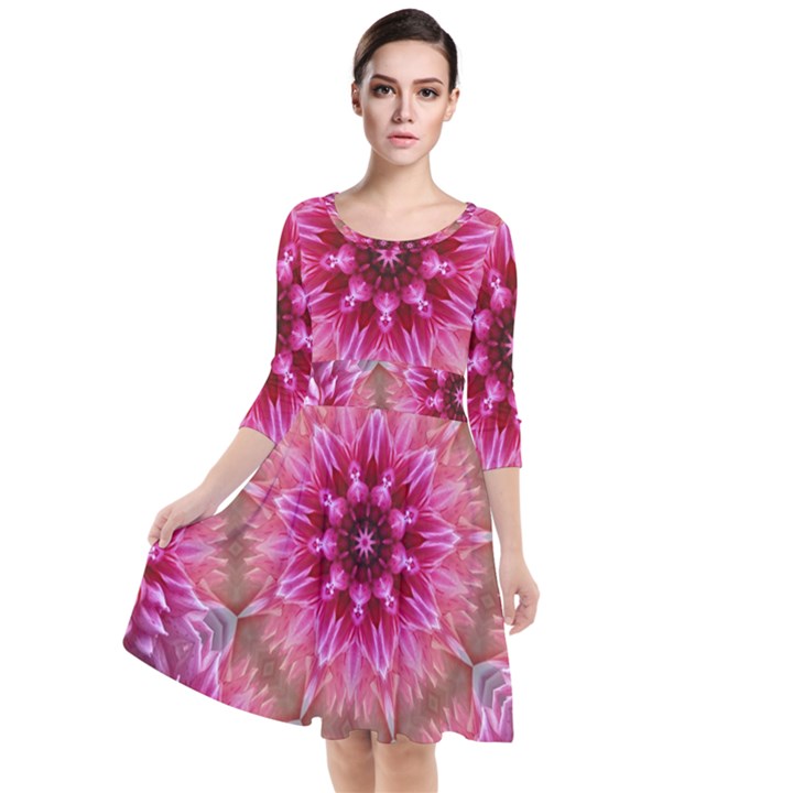 Flower Mandala Art Pink Abstract Quarter Sleeve Waist Band Dress