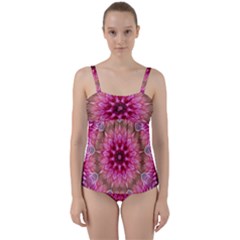 Flower Mandala Art Pink Abstract Twist Front Tankini Set by Simbadda