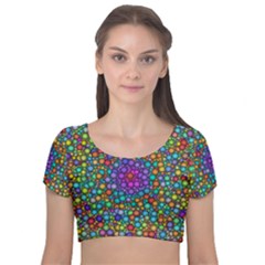 Points Mandala Kaleidoscope Velvet Short Sleeve Crop Top  by Simbadda