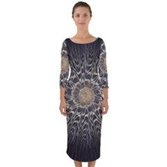 Fractal Mandala Feathers Grey Quarter Sleeve Midi Bodycon Dress by Simbadda