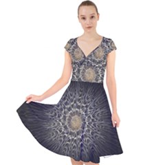 Fractal Mandala Feathers Grey Cap Sleeve Front Wrap Midi Dress by Simbadda