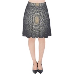 Fractal Mandala Feathers Grey Velvet High Waist Skirt by Simbadda