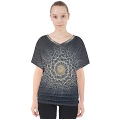 Fractal Mandala Feathers Grey V-neck Dolman Drape Top by Simbadda