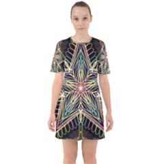 Star Mandala Pattern Design Doodle Sixties Short Sleeve Mini Dress by Simbadda