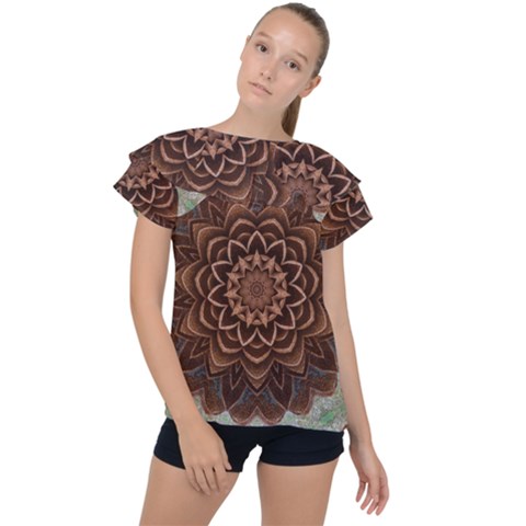 Abstract Art Texture Mandala Ruffle Collar Chiffon Blouse by Simbadda