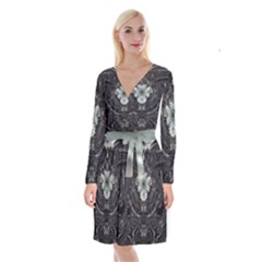 Black And White Fractal Art Artwork Design Long Sleeve Velvet Front Wrap Dress by Simbadda