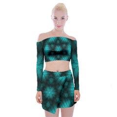 Abstract Pattern Black Green Off Shoulder Top With Mini Skirt Set by Simbadda