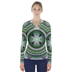 Ractal Mandala Green Purple V-neck Long Sleeve Top by Simbadda