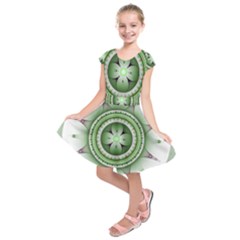 Ractal Mandala Green Purple Kids  Short Sleeve Dress by Simbadda