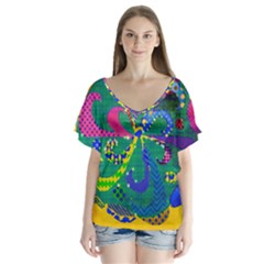 Mandala Abstract Background Image V-neck Flutter Sleeve Top