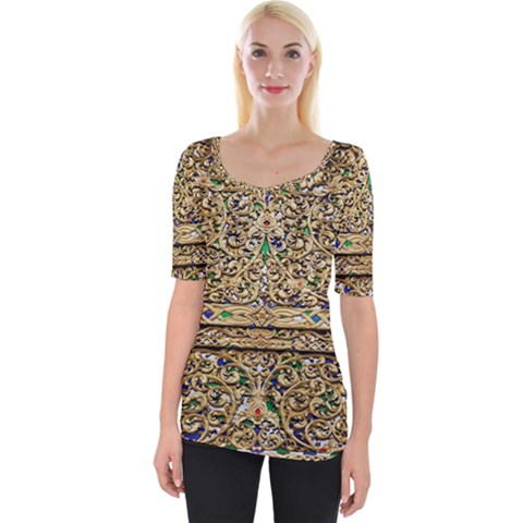 Gold Pattern Decoration Golden Wide Neckline Tee by Simbadda