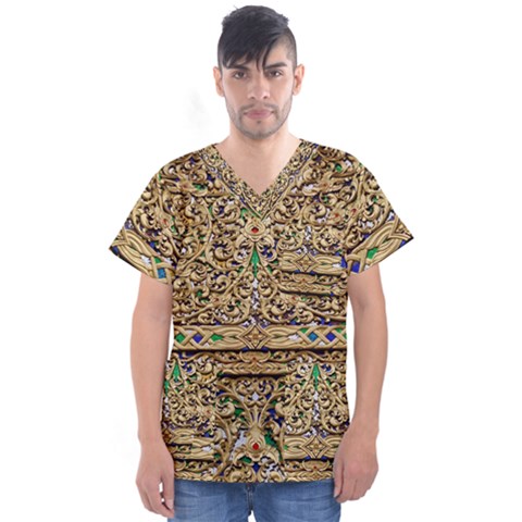 Gold Pattern Decoration Golden Men s V-neck Scrub Top by Simbadda