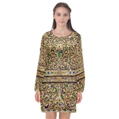 Gold Pattern Decoration Golden Long Sleeve Chiffon Shift Dress  by Simbadda